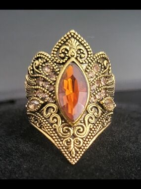 Gold-Tone Vintage Style, Filigree Ring with Orange Marquise Stone - Size 8